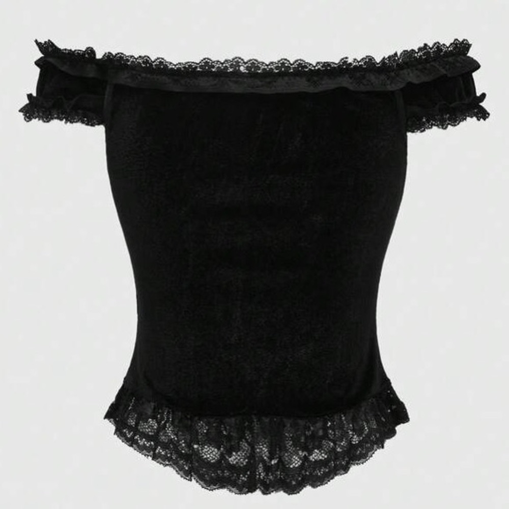 ROMWE Goth Gothic Palace Style Cross Lace Trim Velvet Off Shoulder Top Sz. M - Picture 3 of 13